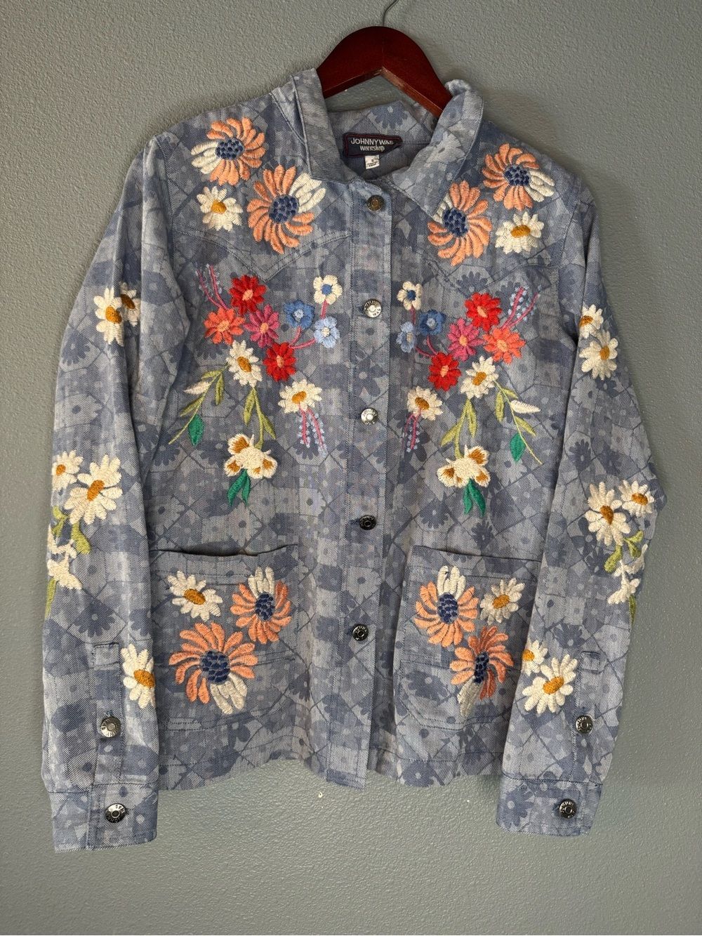 Johnny Was Marissa Western Worker Jacket Cotton S Blue Floral Bird Embroidered